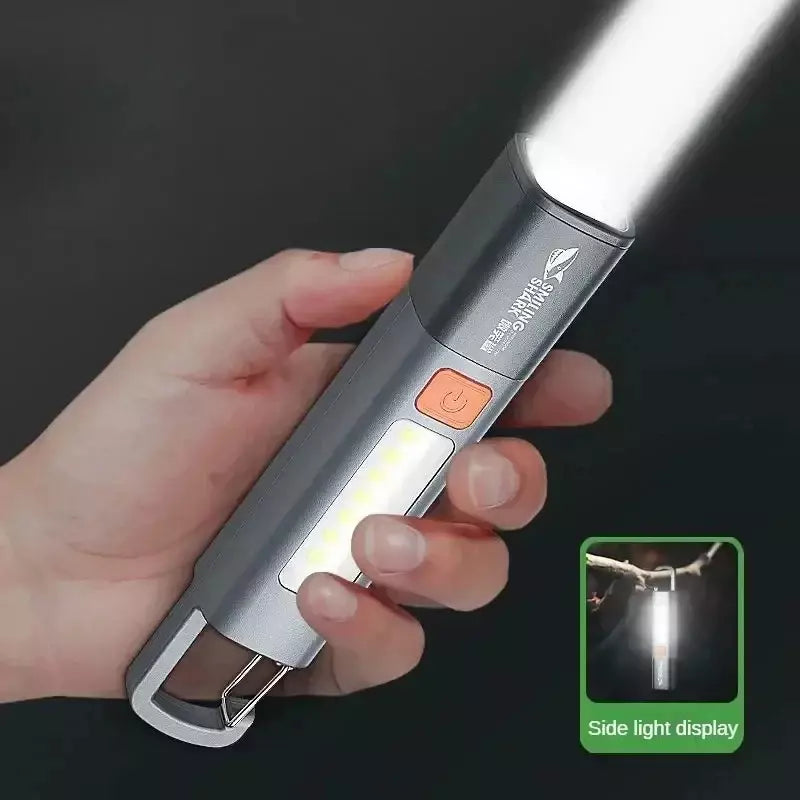Lanterna Smiling Shark Recarregável Longo Alcance Portátil luz forte foco e variável com holofote luzes laterais