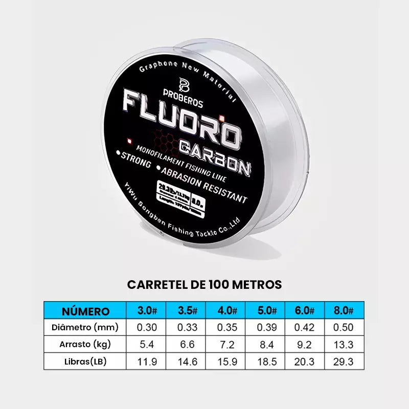 Linha de Pesca PROBEROS Monofilamento FluoroCarbon p/Líder Resistente 100 Metros
