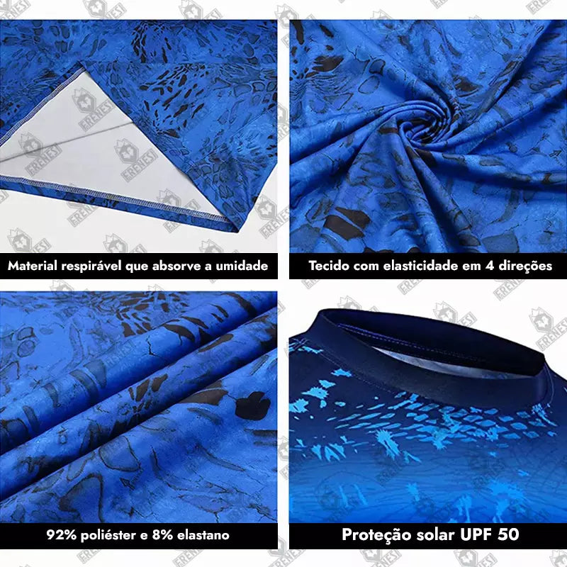 Camisa de Pesca Proteção Solar UPF50 com Balaclava e Capuz Várias Estampas